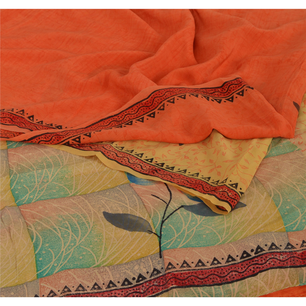 Orange Saree 100% Pure Crepe Silk Printed Sari Craft Fabric