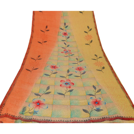 Sanskriti Vintage Orange Saree 100% Pure Crepe Silk Printed Sari Craft Sustainable Fabric