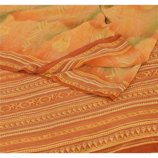 Sanskriti Vintage Yellow Saree Pure Crepe Silk Printed Sari Craft Soft Sustainable Fabric