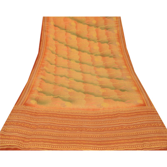 Sanskriti Vintage Yellow Saree Pure Crepe Silk Printed Sari Craft Soft Sustainable Fabric