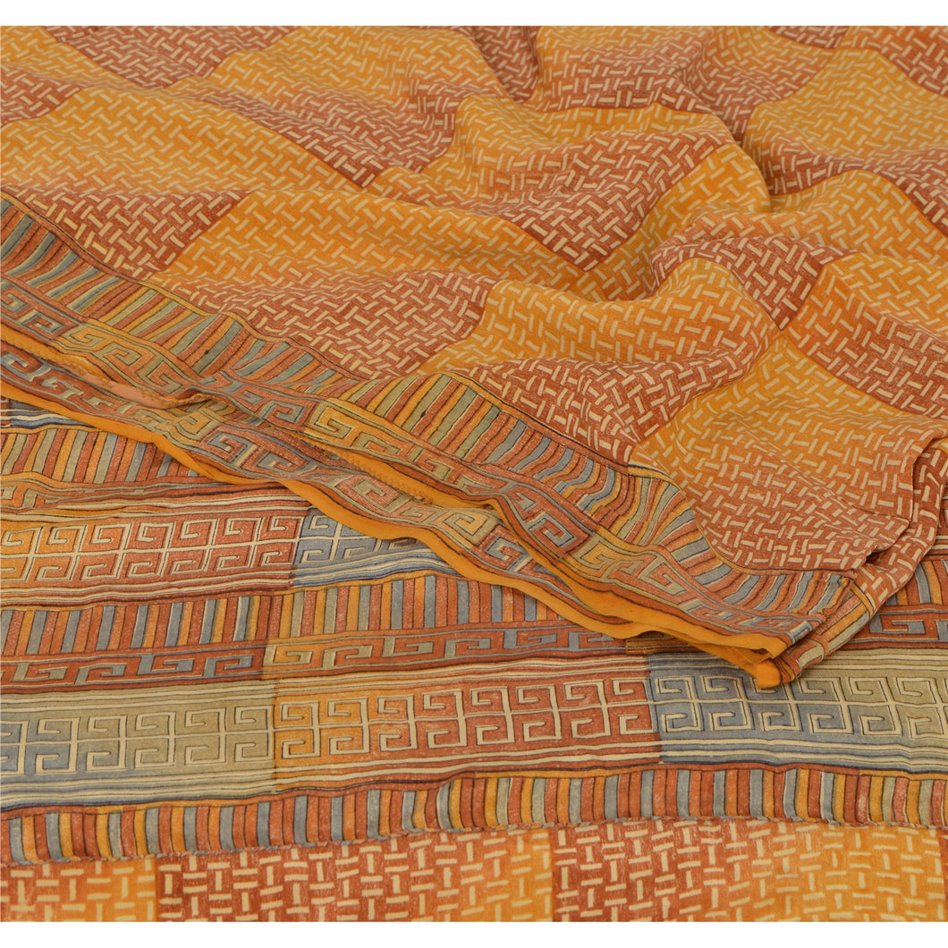 Sanskriti Vintage Saffron Sarees 100% Pure Crepe Silk Printed Sari Craft Fabric