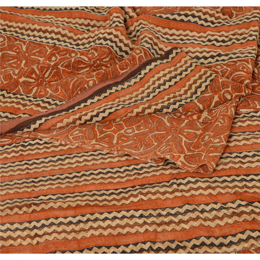 Sanskriti Vintage Orange Saree Pure Crepe Silk Printed Sari Craft Soft Sustainable Fabric