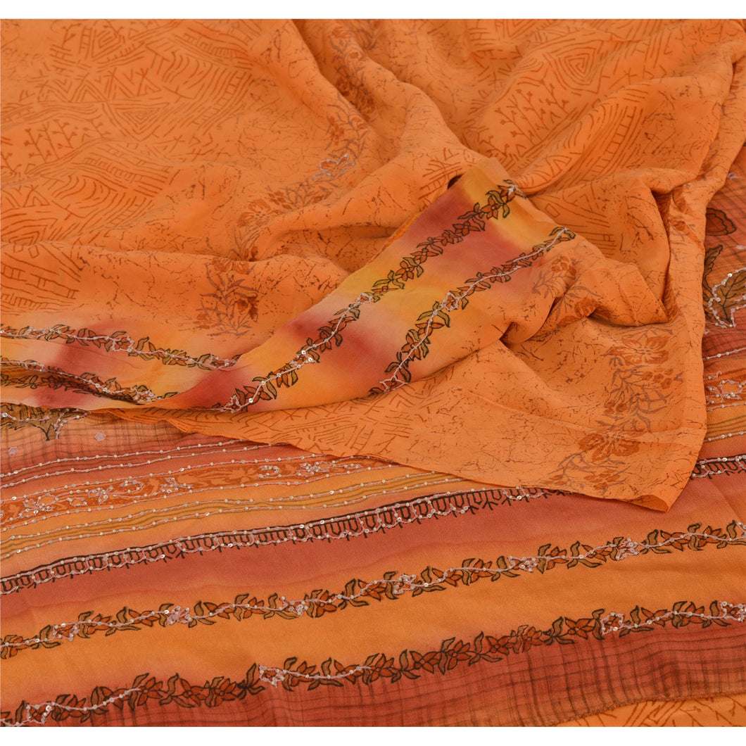 Sanskriti Vintage Orange Saree 100% Pure Crepe Silk Printed Sari Craft Fabric