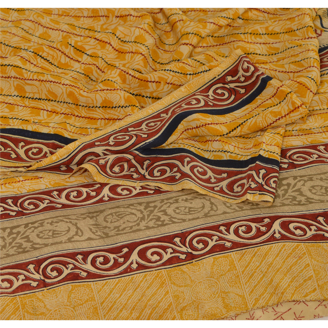 Sanskriti Vintage Yellow Saree Pure Crepe Silk Floral Printed Sari Craft Fabric