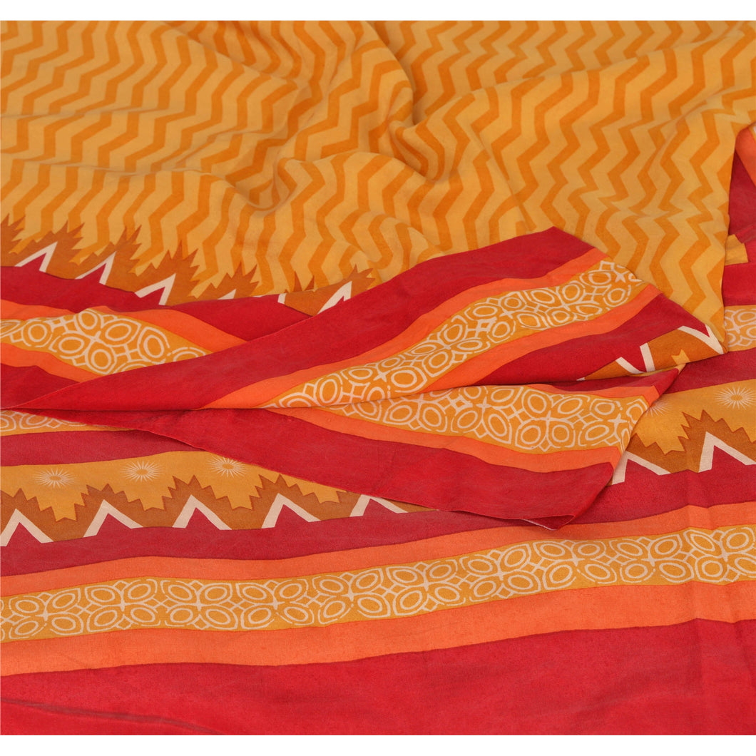 Sanskriti Vintage Yellow Saree Pure Crepe Silk Printed Sari Craft Soft Fabric