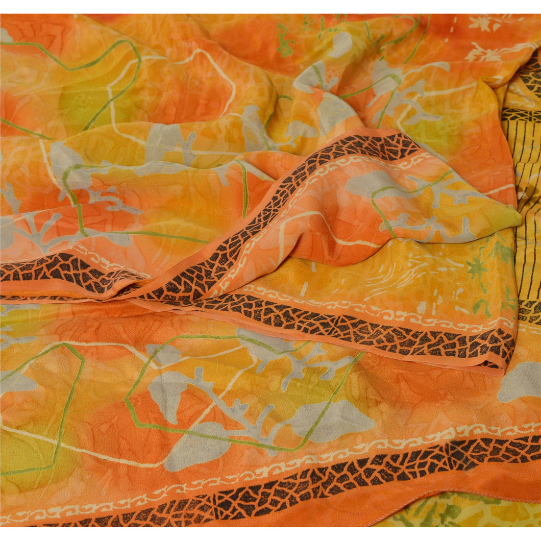 Sanskriti Vintage Yellow Saree 100% Pure Crepe Silk Printed Sari Craft Fabric
