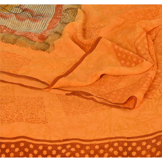 Sanskriti Vintage Orange Saree Pure Crepe Silk Floral Printed Sari Craft Sustainable Fabric
