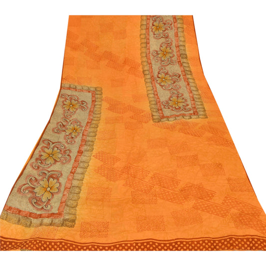 Sanskriti Vintage Orange Saree Pure Crepe Silk Floral Printed Sari Craft Sustainable Fabric