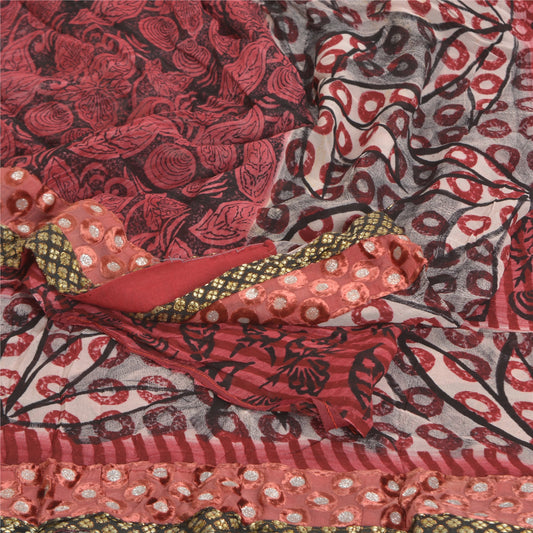 Sanskriti Vintage Sarees Red Blend Georgette Floral Printed Sari Craft Sustainable Fabric