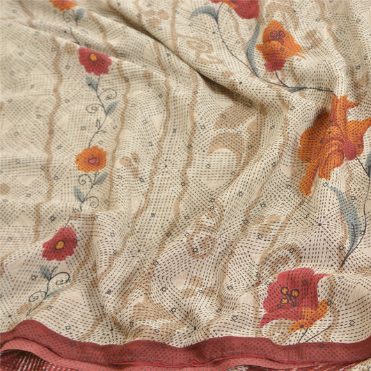 Sanskriti Vintage shade of ivory Sarees Poly Georgette Printed Sari Craft Sustainable Fabric