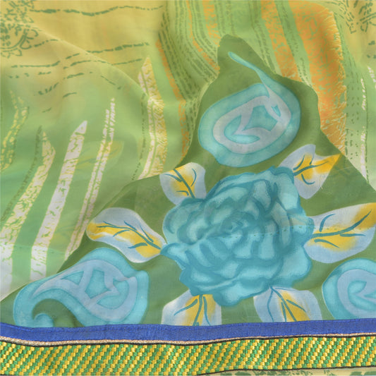 Sanskriti Vintage green Sarees Poly Georgette Printed 5YD Sari Craft Sustainable Fabric