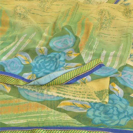 Sanskriti Vintage green Sarees Poly Georgette Printed 5YD Sari Craft Sustainable Fabric