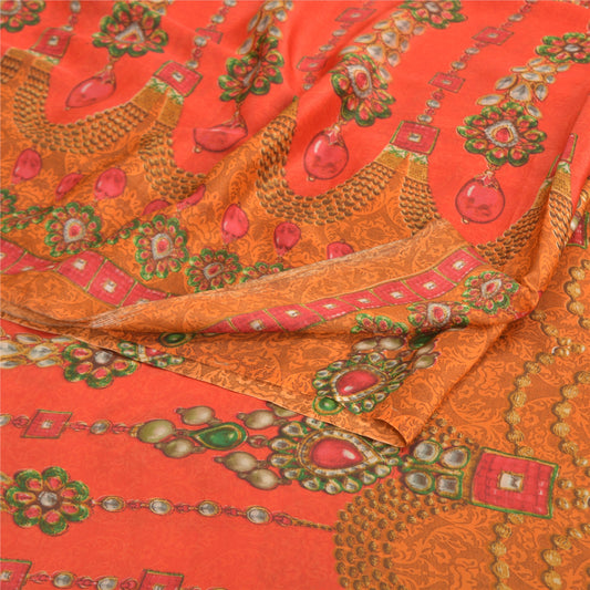 Sanskriti Vintage red& OrangeSarees Poly Georgette Printed 5YD Sari Craft Sustainable Fabric