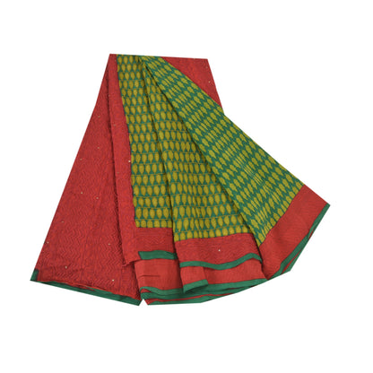 Sanskriti Vintage Green Sarees Pure Georgette Silk Print Hand Beads Sari Sustainable Fabric