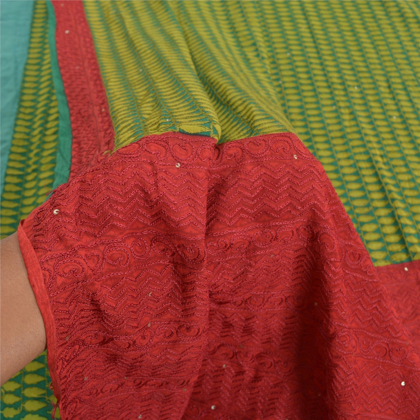 Sanskriti Vintage Green Sarees Pure Georgette Silk Print Hand Beads Sari Sustainable Fabric