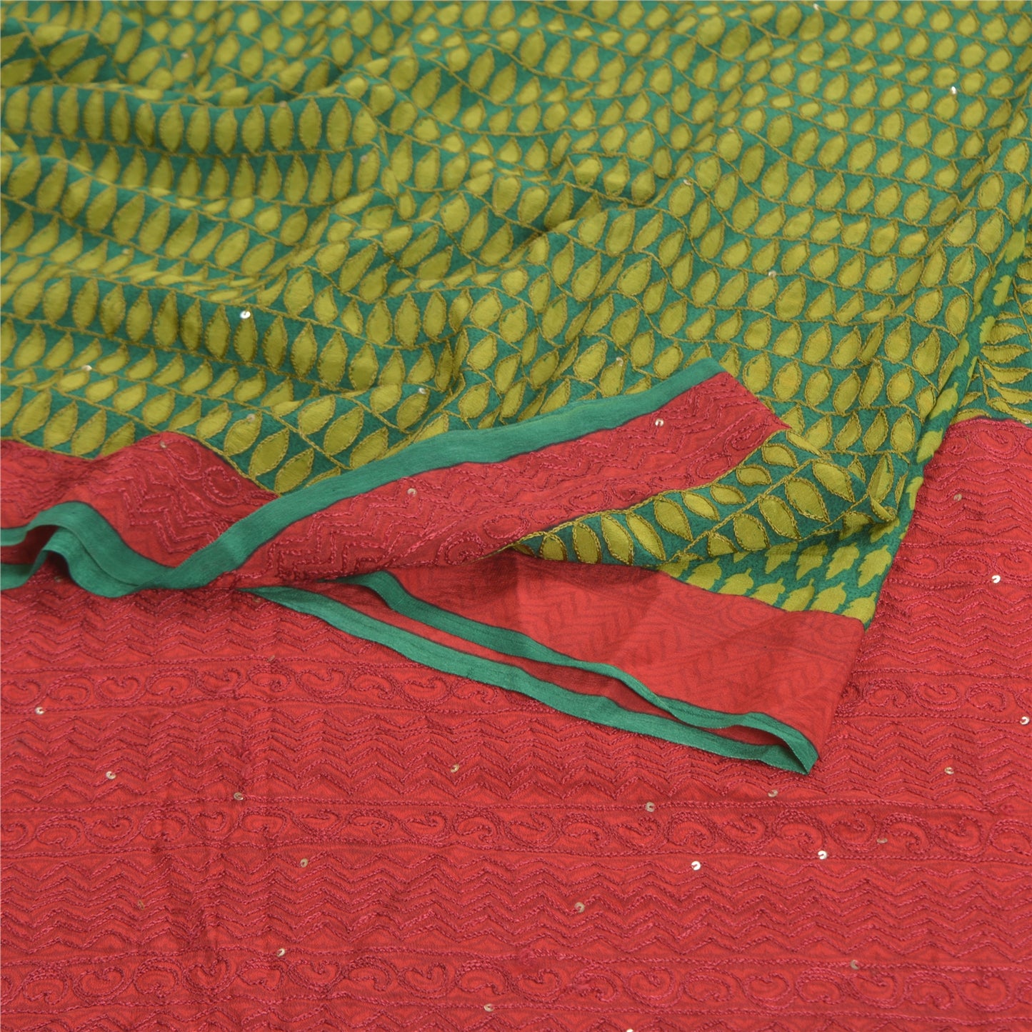 Sanskriti Vintage Green Sarees Pure Georgette Silk Print Hand Beads Sari Sustainable Fabric