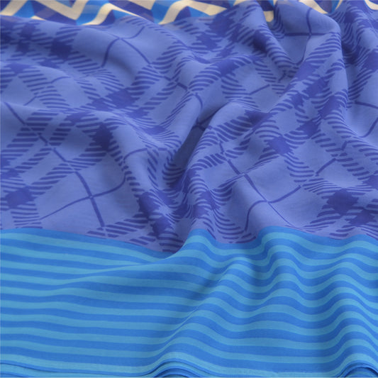 Sanskriti Vintage Blue Sarees Poly Georgette Printed Sari 5YD Soft Craft Sustainable Fabric