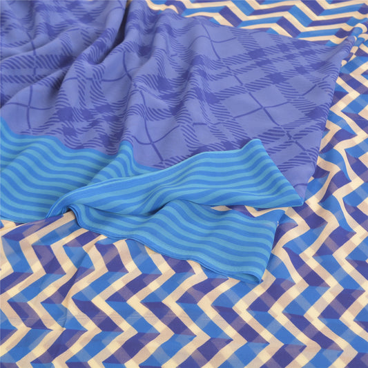 Sanskriti Vintage Blue Sarees Poly Georgette Printed Sari 5yd Soft Craft Sustainable Fabric