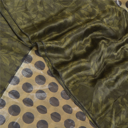 Sanskriti Vintage Grønne Sareer Ren Satin Silke Print Bluse Pc Sari Håndværk Bæredygtigt Stoff