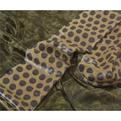 Sanskriti Vintage Grønne Sareer Ren Satin Silke Print Bluse Pc Sari Håndværk Bæredygtigt Stoff