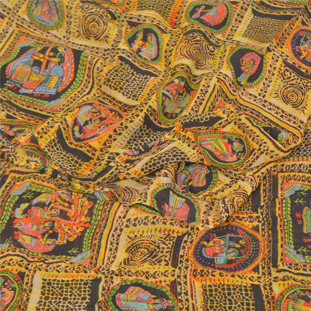 Sanskriti Vintage Yellow Sarees Blend Georgette Digital Printed Sari 5yd Fabric