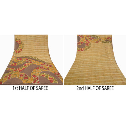 Sanskriti Vintage Beige Sarees Pure Georgette Silk Printed Sari Craft Sustainable Fabric