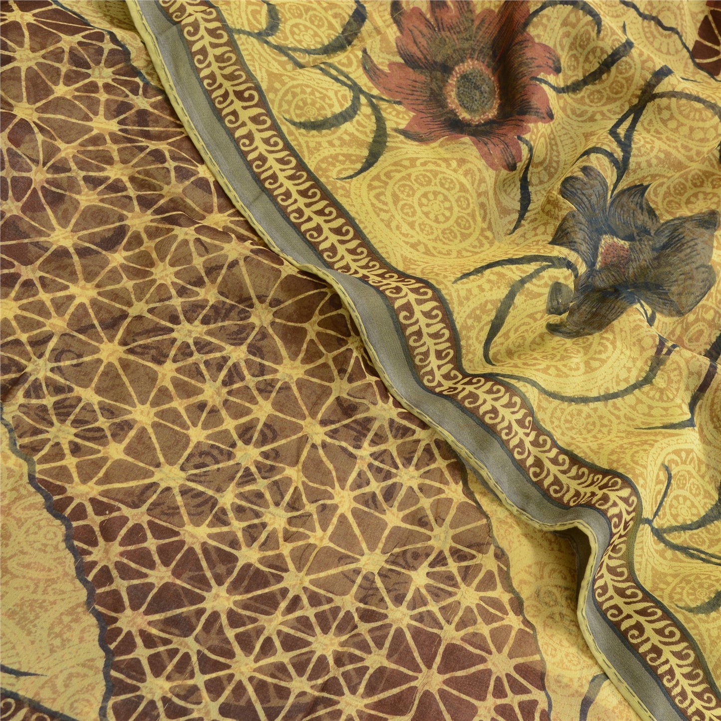 Sanskriti Vintage Mustard Sarees Blend Georgette Printed Sari 5yd Craft Sustainable Fabric