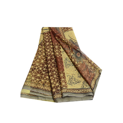 Sanskriti Vintage Mustard Sarees Blend Georgette Printed Sari 5yd Craft Sustainable Fabric