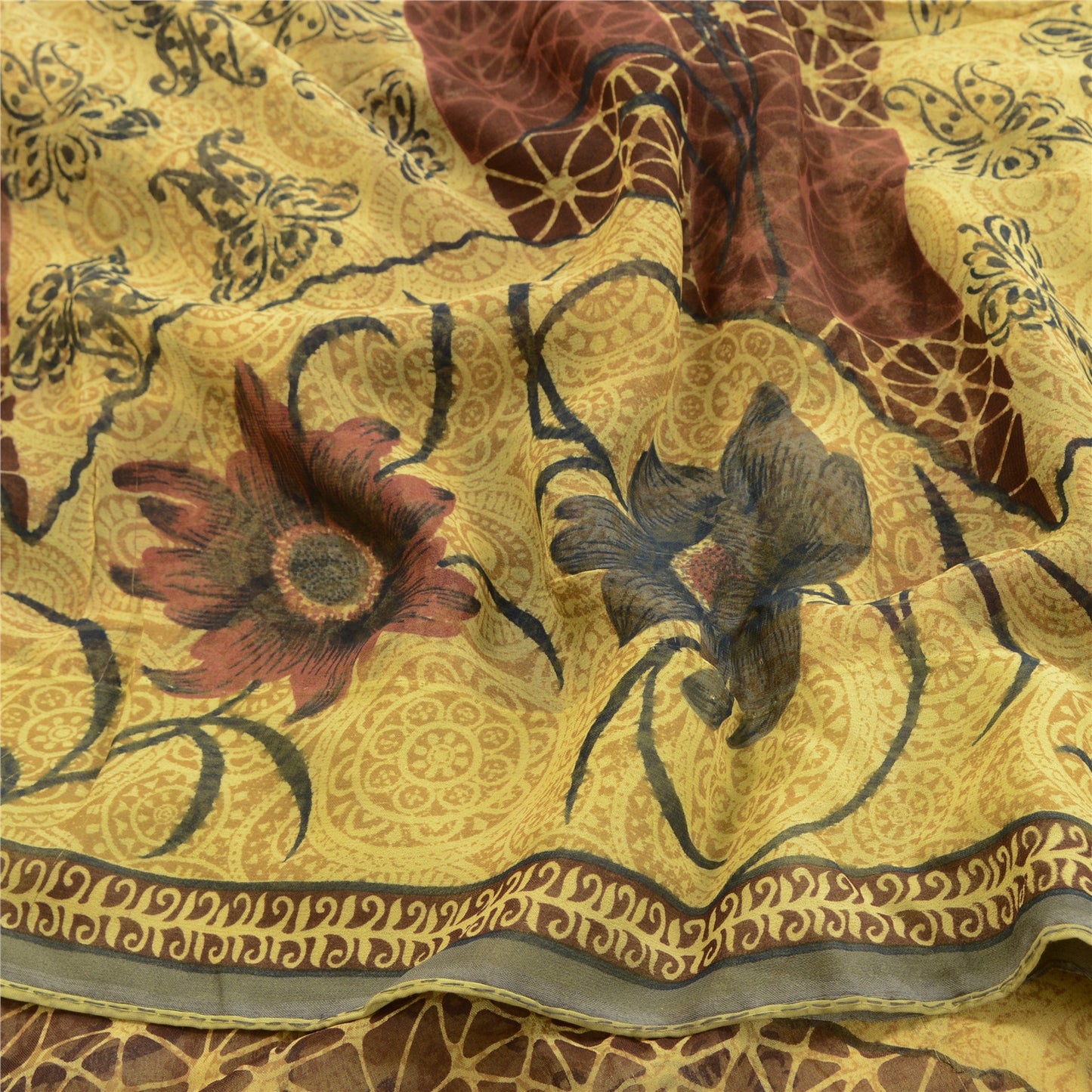 Sanskriti Vintage Mustard Sarees Blend Georgette Printed Sari 5yd Craft Sustainable Fabric