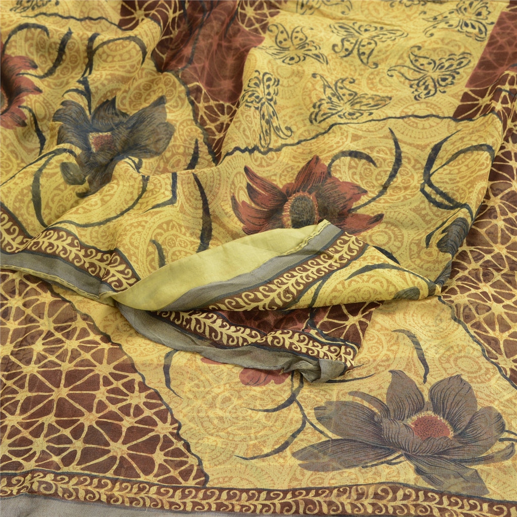 Sanskriti Vintage Mustard Sarees Blend Georgette Printed Sari 5yd Craft Sustainable Fabric