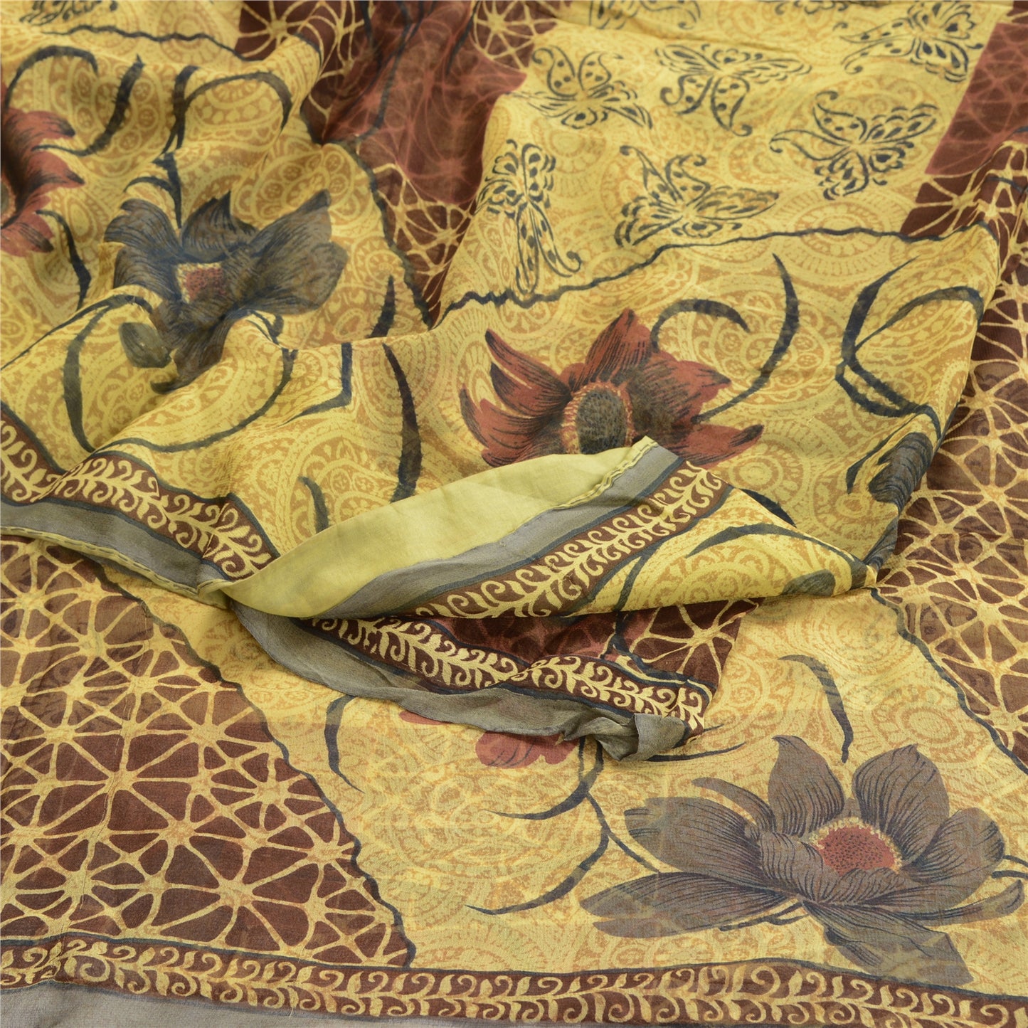 Sanskriti Vintage Mustard Sarees Blend Georgette Printed Sari 5yd Craft Sustainable Fabric