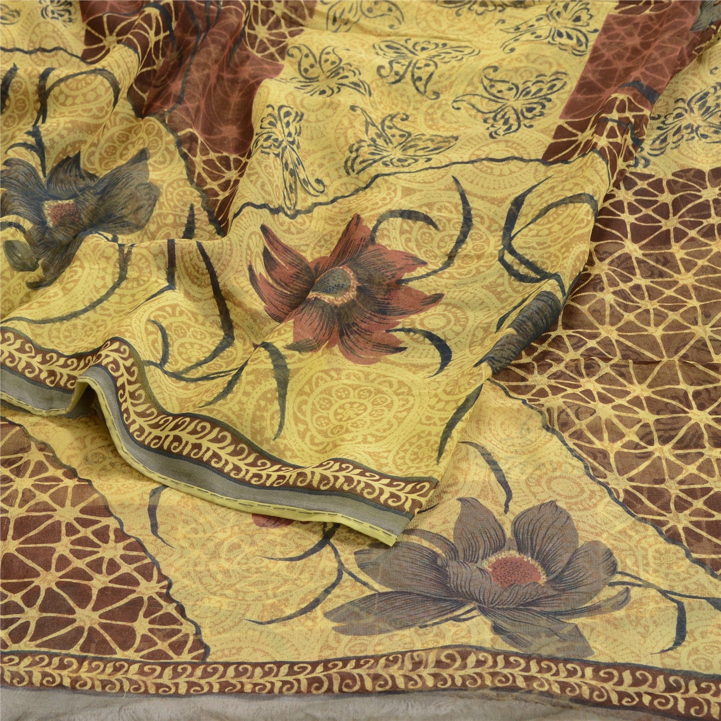 Sanskriti Vintage Mustard Sarees Blend Georgette Printed Sari 5yd Craft Sustainable Fabric