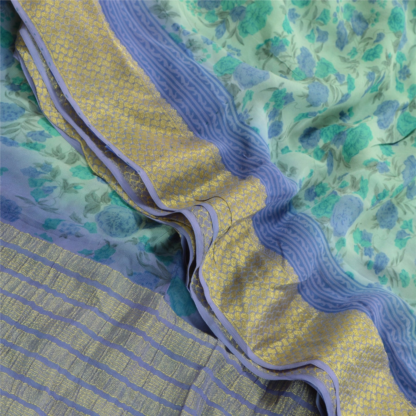 Sanskriti Vintage Green Sarees Blend Georgette Printed Zari Sari Craft Sustainable Fabric