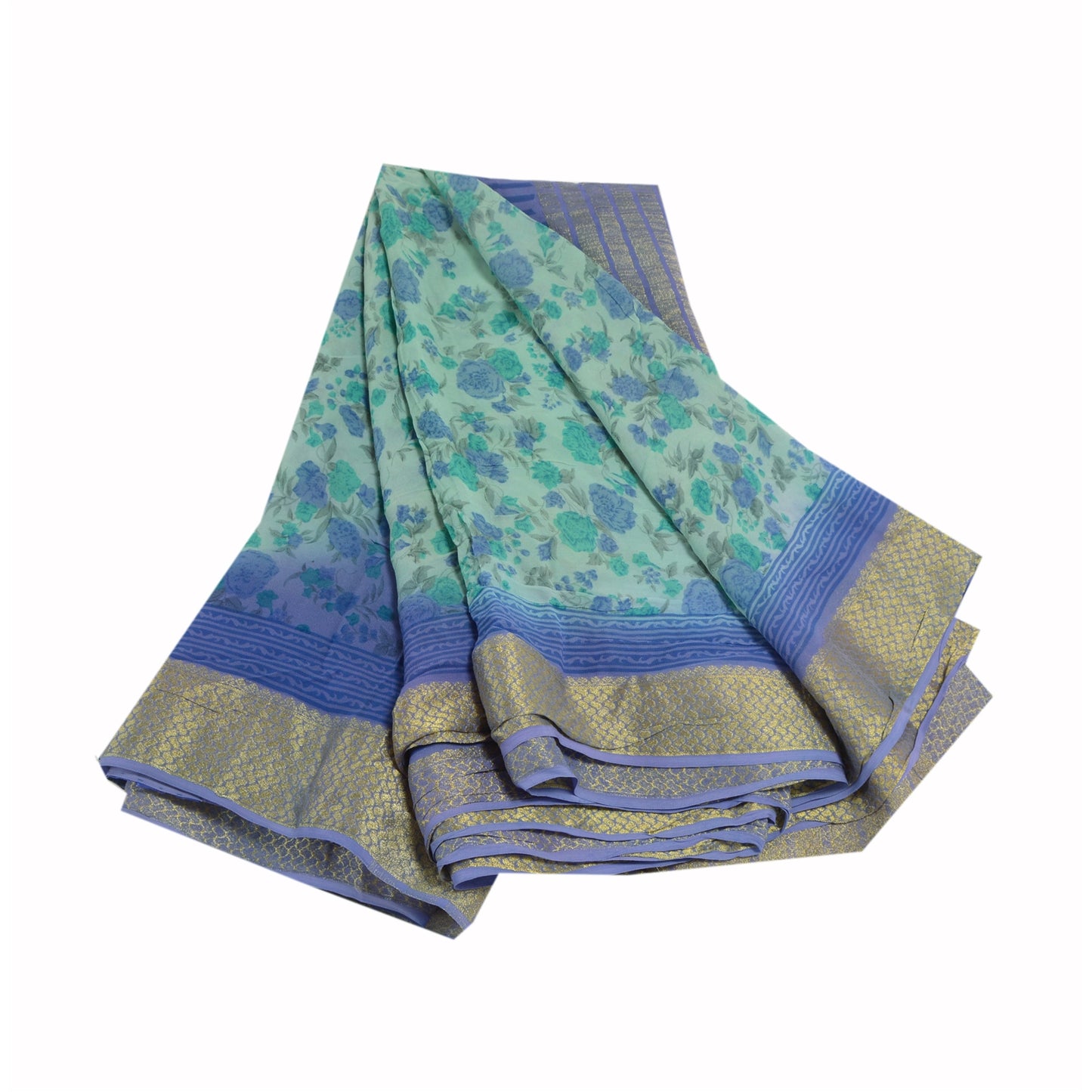 Sanskriti Vintage Green Sarees Blend Georgette Printed Zari Sari Craft Sustainable Fabric