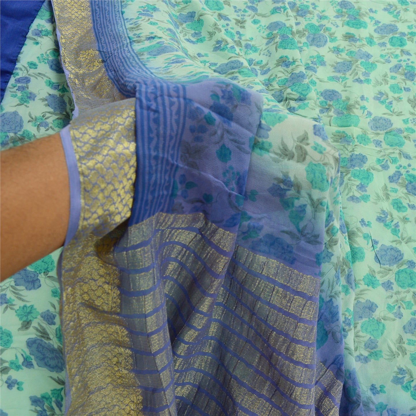 Sanskriti Vintage Green Sarees Blend Georgette Printed Zari Sari Craft Sustainable Fabric