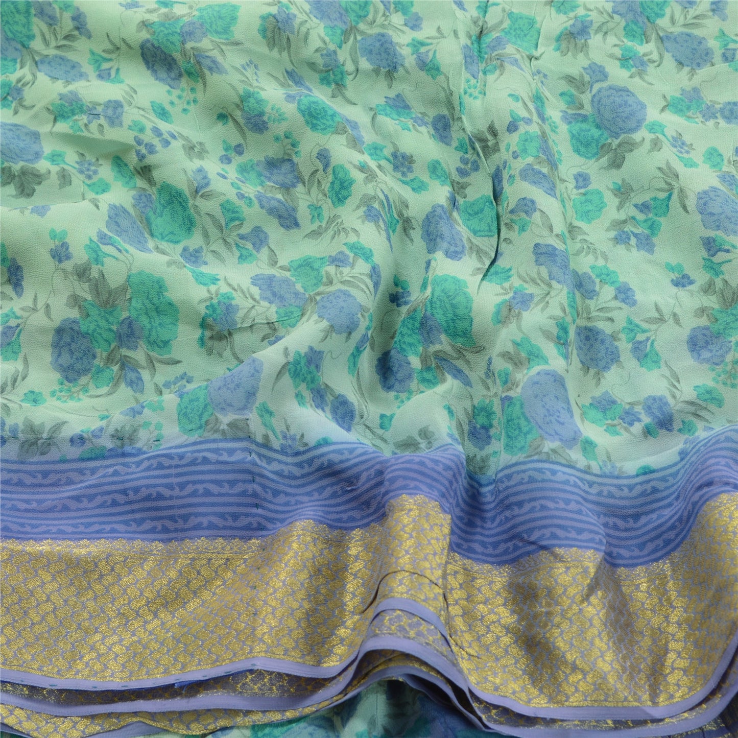 Sanskriti Vintage Green Sarees Blend Georgette Printed Zari Sari Craft Sustainable Fabric