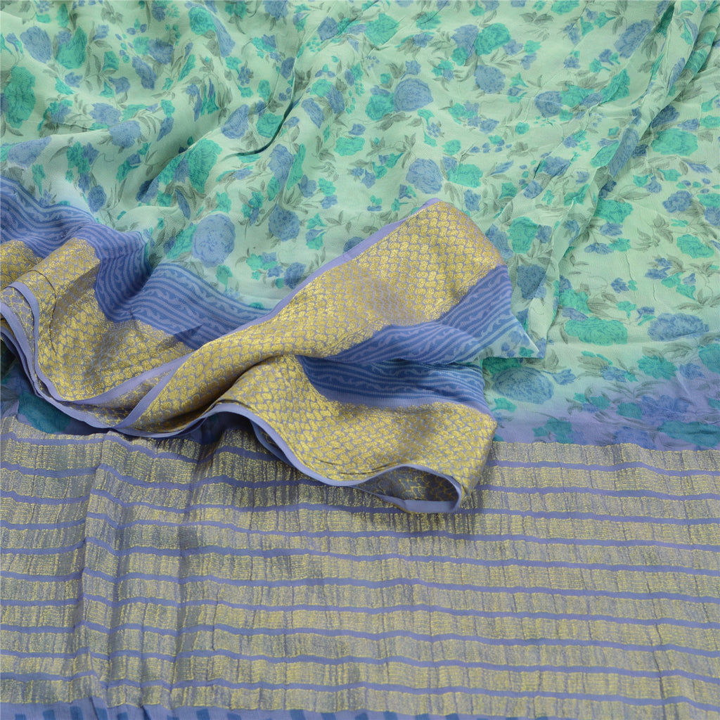Sanskriti Vintage Green Sarees Blend Georgette Printed Zari Sari Craft Sustainable Fabric