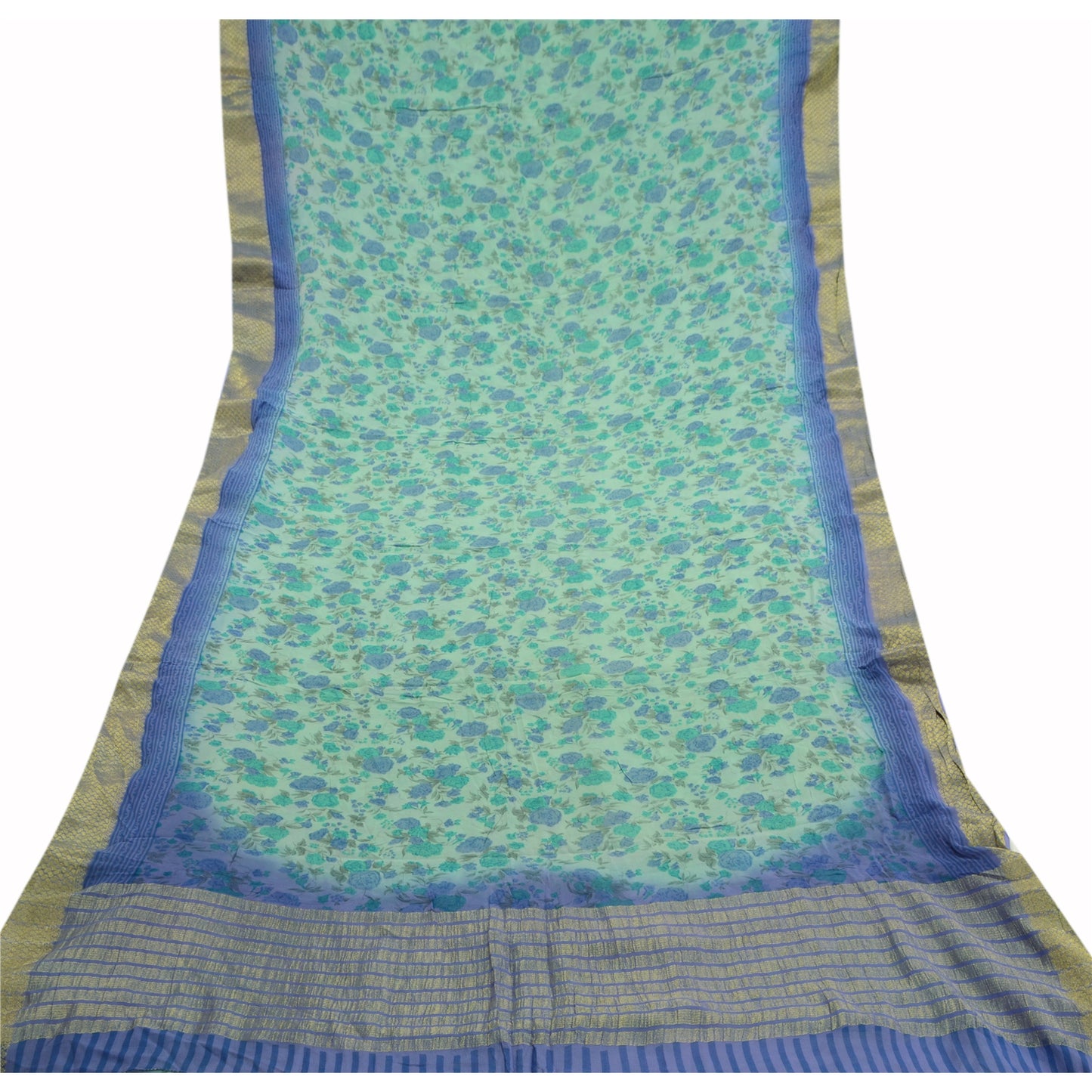 Sanskriti Vintage Green Sarees Blend Georgette Printed Zari Sari Craft Sustainable Fabric