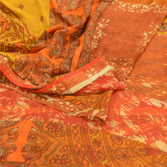 Sanskriti Vintage Sarees Poly Georgette Orange Printed Sari Floral Craft Sustainable Fabric
