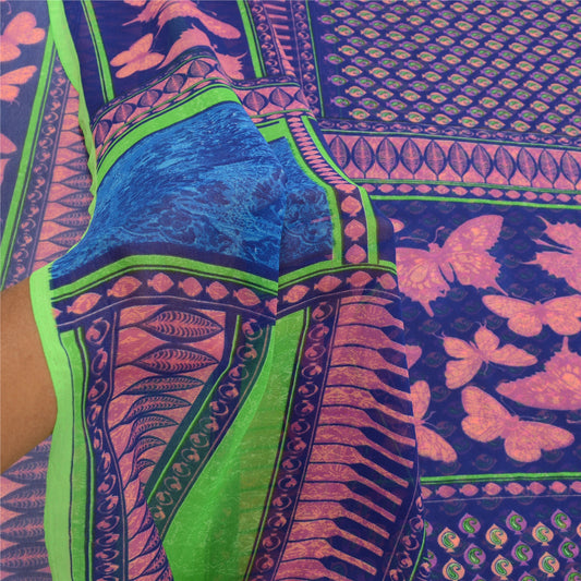 Sanskriti Vintage Blue Sarees Poly Georgette Printed Sari 5yd Decor Craft Sustainable Fabric