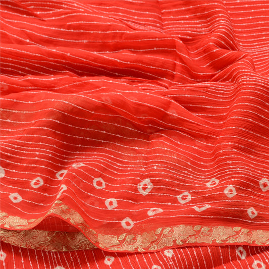 Sanskriti Vintage Red Sarees Poly Georgette Bandhani Work Sari 5yd Craft Sustainable Fabric