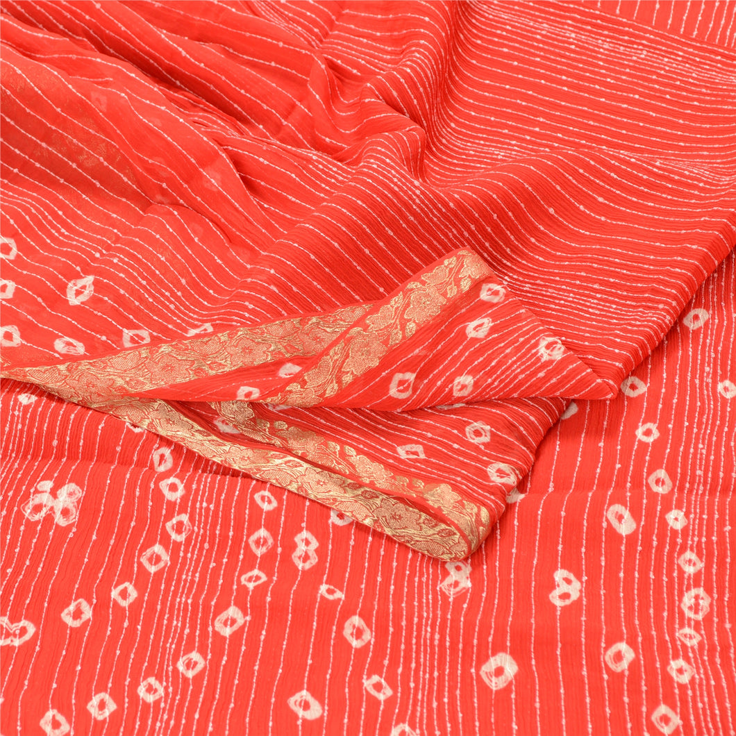 Sanskriti Vintage Red Sarees Poly Georgette Bandhani Work Sari 5yd Craft Fabric