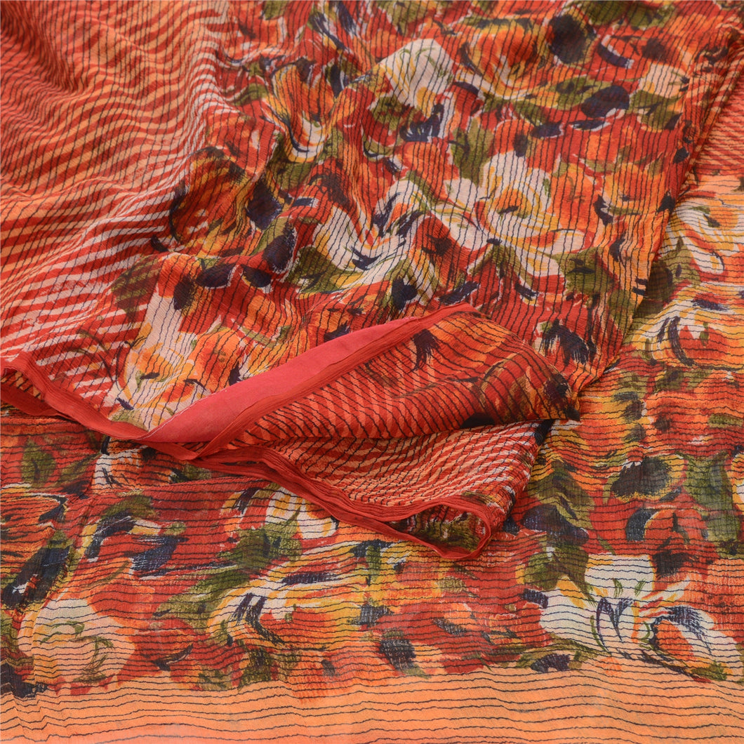 Sanskriti Vintage Red Printed Sarees Pure Chiffon Silk Sari 5yd Craft Fabric