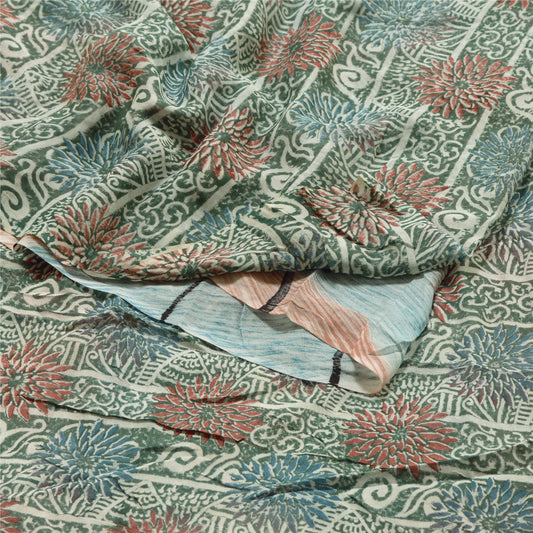 Sanskriti Vintage Green Sarees Blend Georgette Printed Sari Floral Craft Sustainable Fabric