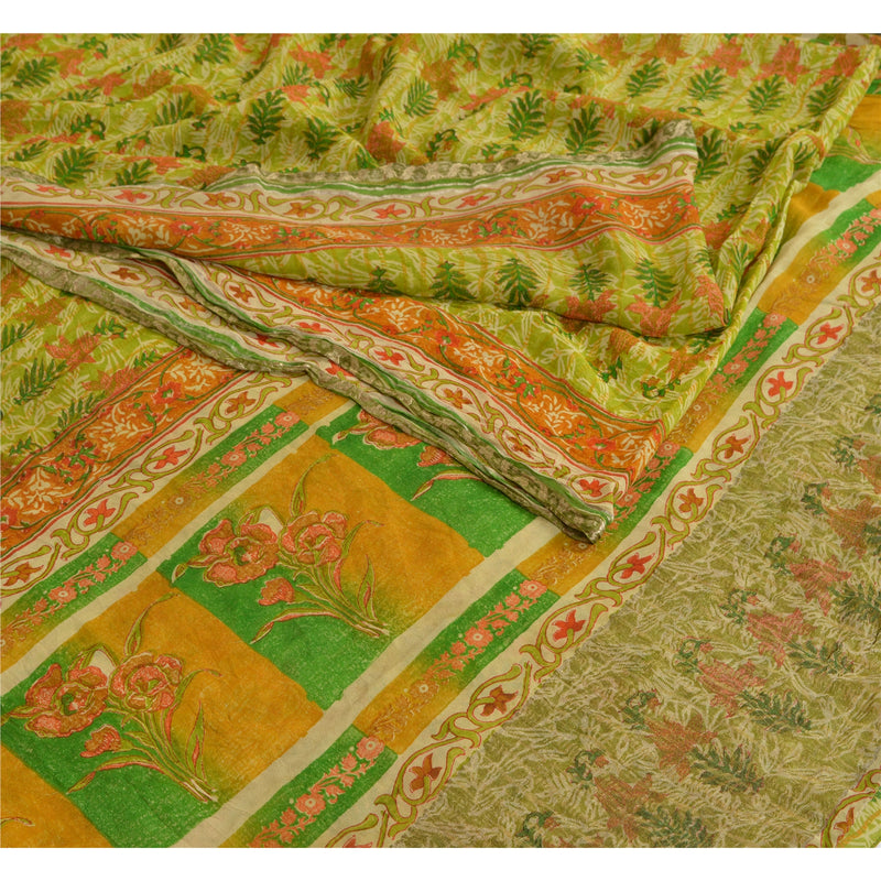 Sanskriti Vintage Pure Georgette Silk Zari Border Saree Green Printed Sari Craft Sustainable Fabric