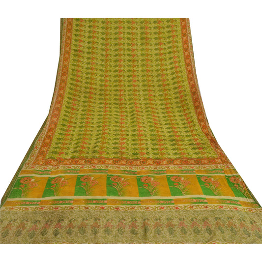Sanskriti Vintage Pure Georgette Silk Zari Border Saree Green Printed Sari Craft Sustainable Fabric