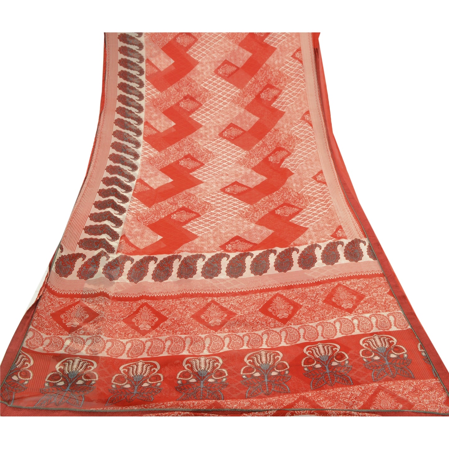 Sanskriti Vintage Red Sarees Pure Georgette Silk Printed Sari Soft Craft Sustainable Fabric