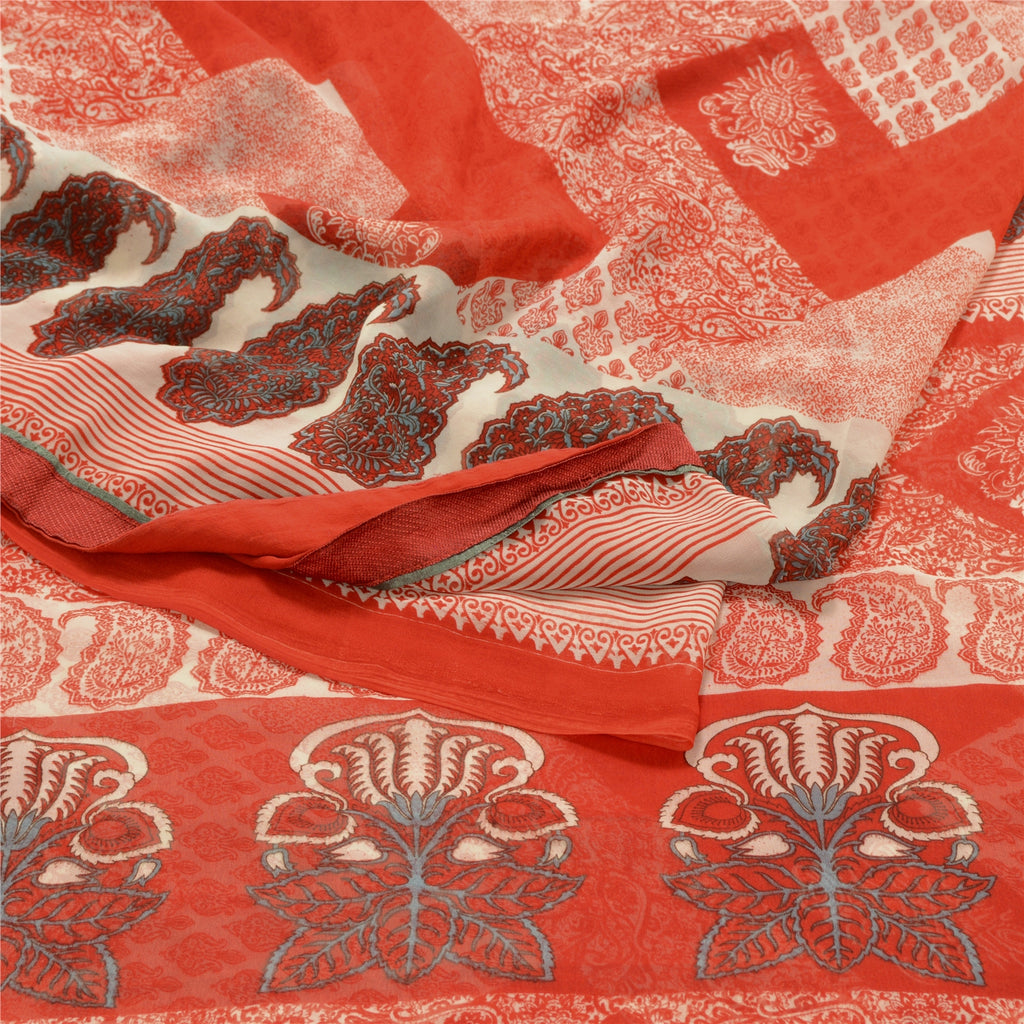 Sanskriti Vintage Red Sarees Pure Georgette Silk Printed Sari Soft Craft Sustainable Fabric