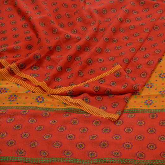 Sanskriti Vintage Red Printed Sarees Pure Georgette Silk Sari 5yd Craft Sustainable Fabric