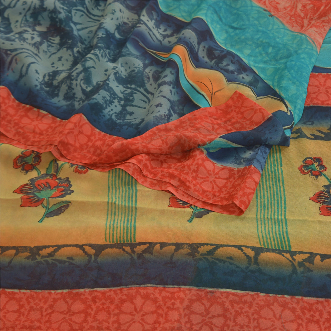 Sanskriti Vintage Red Sarees Pure Georgette Silk Printed Sari 5yd Craft Fabric